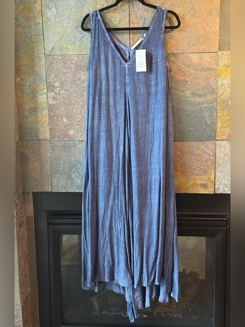 Soft Surroundings MT, sleeveless Vneck indigo blue crinkled hi/lo maxi dress NWT